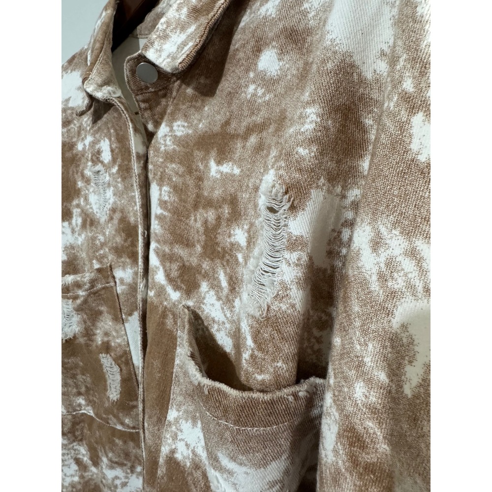 POL Womens Brown Tie Dye Distressed Denim Shacket Oversized Shirt Jacket Large - Picture 6 of 13